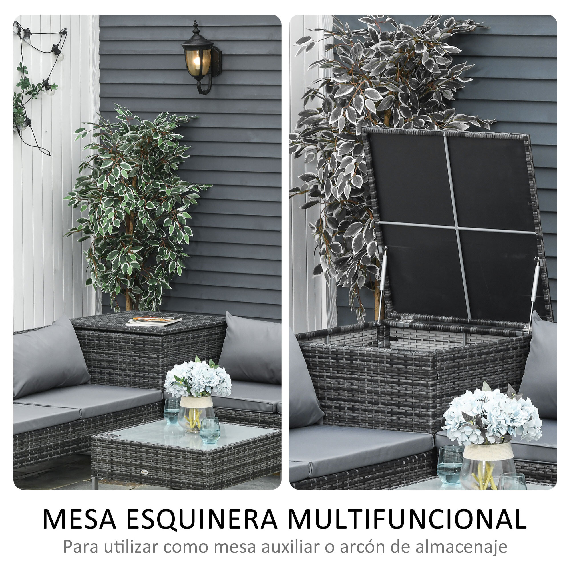 Conjunto de Muebles de Jardín de Ratán 4 Piezas con 2 Sofás Dobles Mesa de Centro Mesa con Arcón Cojines Extraíbles para Terraza Patio Exterior 132x69x64 cm Gris