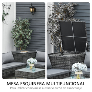 Conjunto de Muebles de Jardín de Ratán 4 Piezas con 2 Sofás Dobles Mesa de Centro Mesa con Arcón Cojines Extraíbles para Terraza Patio Exterior 132x69x64 cm Gris