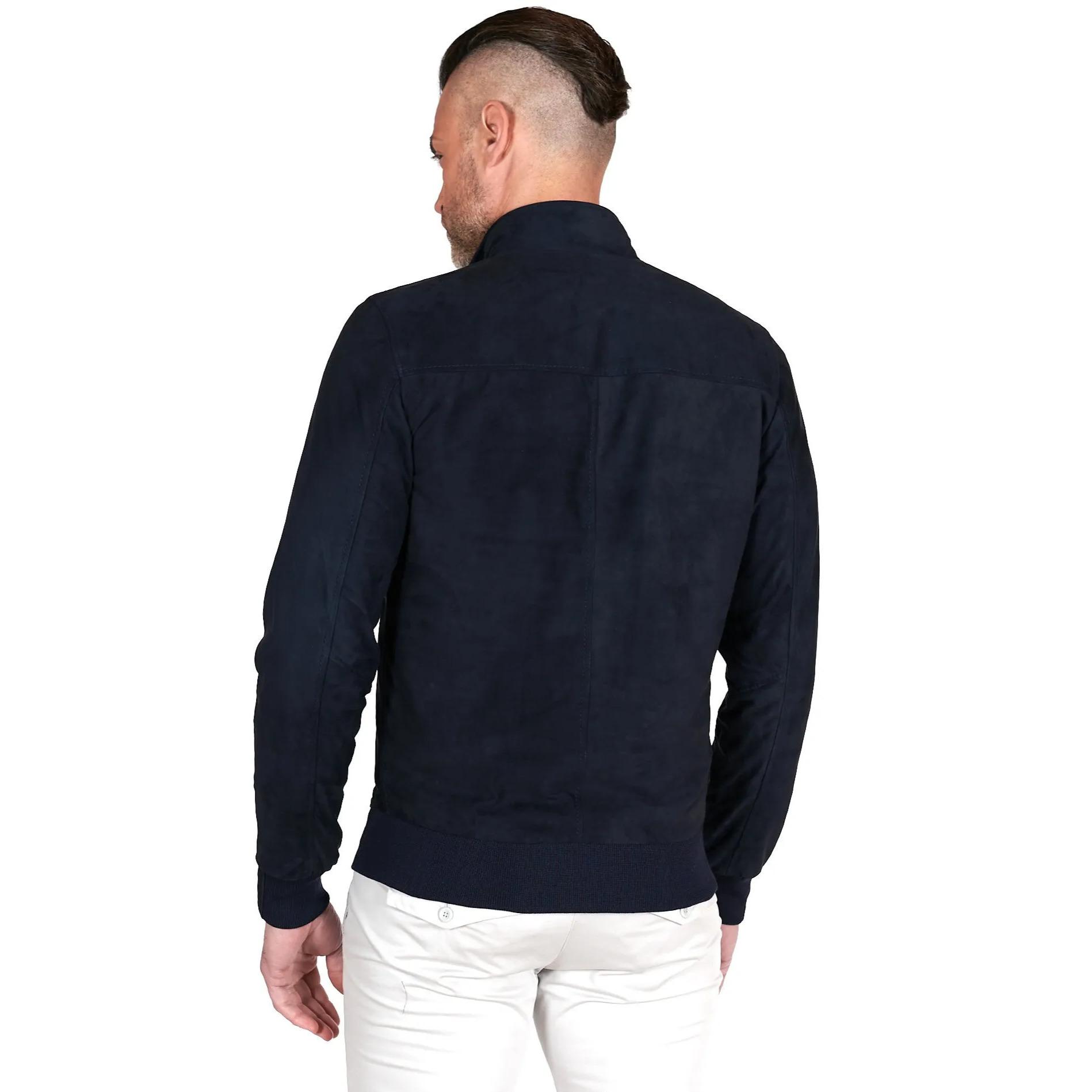 Giubbotto bomber in pelle scamosciata blu collo coreana