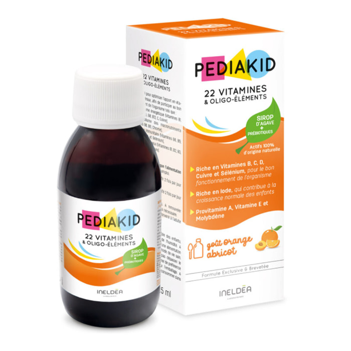 PEDIAKID - Sirop 22 Vitamines et Oligo-Éléments - Complément Alimentaire Naturel - Formule Exclusive au Sirop d'Agave - Optimise les Apports en Vitamines et Minéraux - Goût Orange Abricot