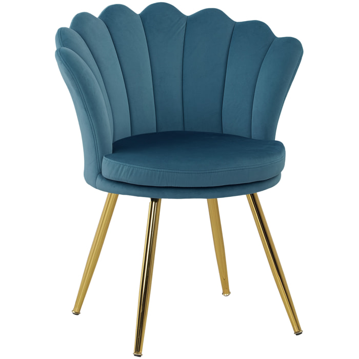 Chaise coquillage chaise design pieds métal dorés effilés velours bleu