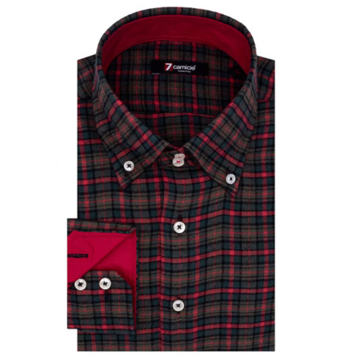 Camicia Uomo 2 Bottoni Button Down Slim Flanella Quadro Grande Nero/Rosso