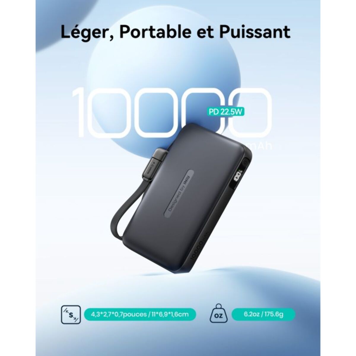 Batterie externe INIU 10000 mAh Pocket Neo USB-A + 2 USB-C