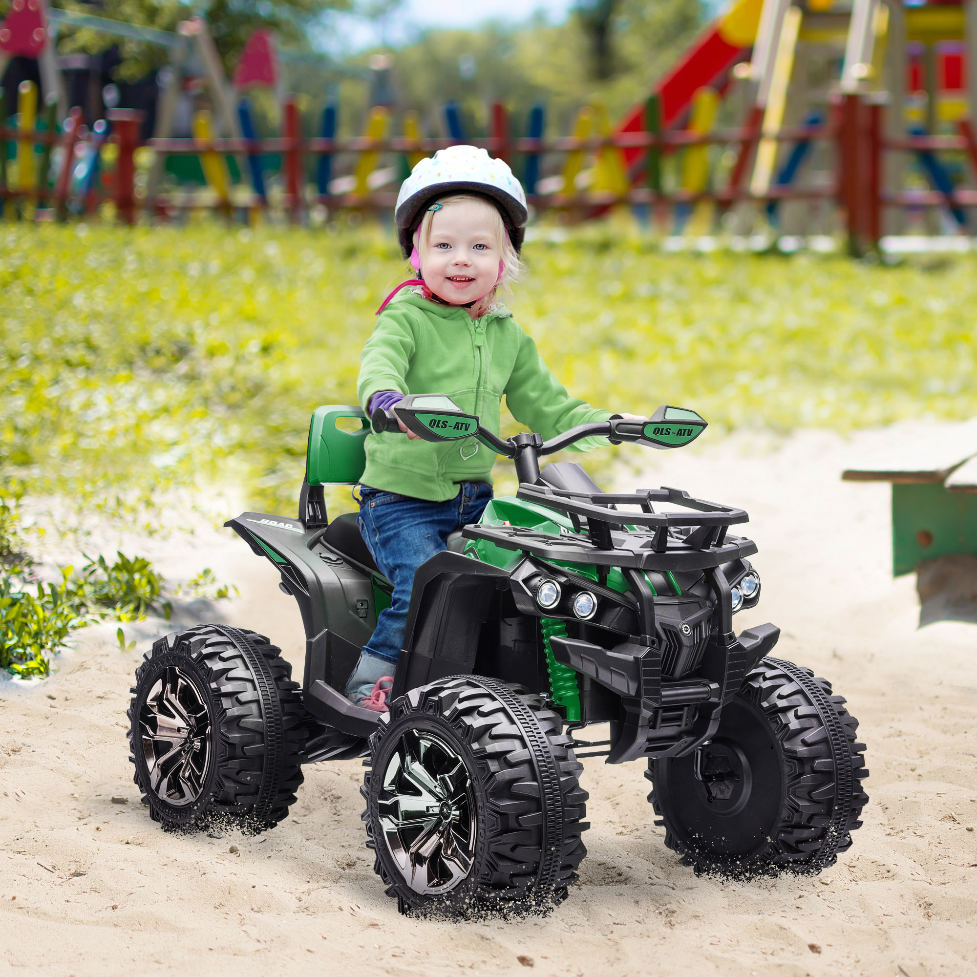 Quad Eléctrico 12V para Niños +3 Años con 2 Motores Faros Música Neumáticos de Suspensión Botones Avance y Retroceso Vehículo Eléctrico a Batería 100x65x73 cm Verde