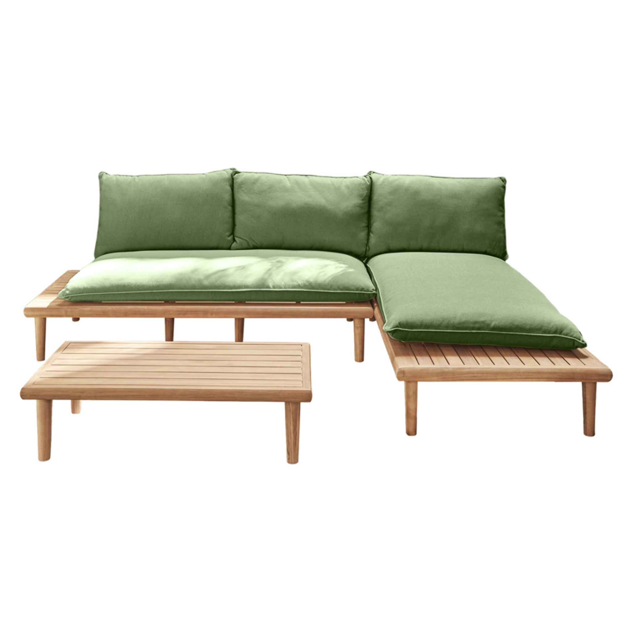 Papeete - salon bas de jardin avec coussins vert - 4 places + table - en bois d'acacia FSC  100% - Vert / Beige