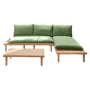 Papeete - salon bas de jardin avec coussins vert - 4 places + table - en bois d'acacia FSC  100% - Vert / Beige