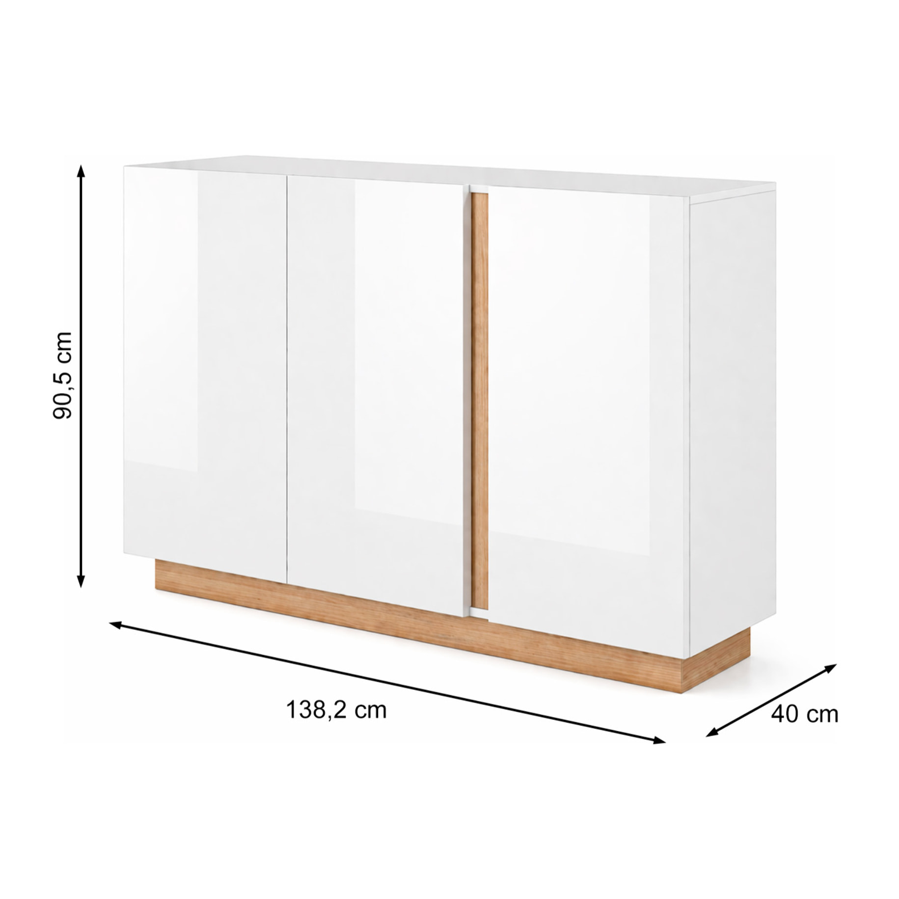 Credenza Soggiorno 3 Ante Madia Moderna Con Ripiani Interni Mobile Contenitore Design Elegante Oldenburg 138 x 40 x 90.5 Cm Bianco Lucido e Rovere