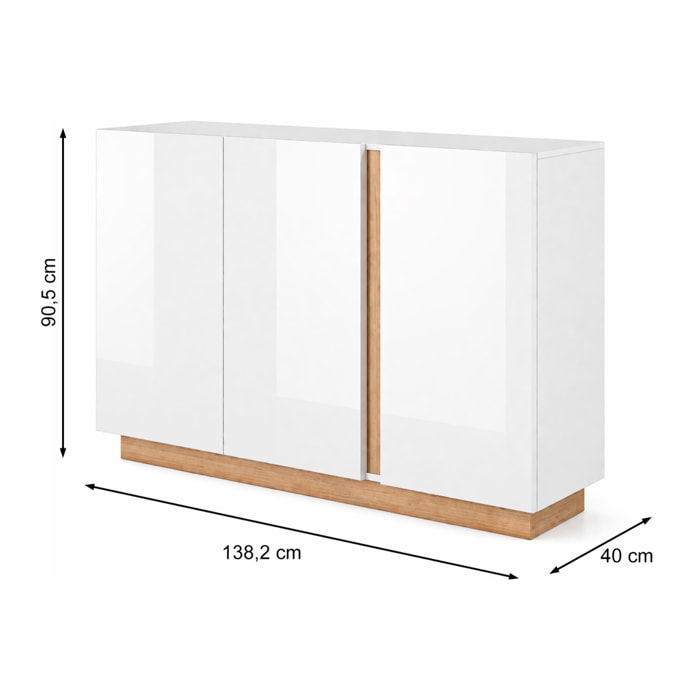 Credenza Soggiorno 3 Ante Madia Moderna Con Ripiani Interni Mobile Contenitore Design Elegante Oldenburg 138 x 40 x 90.5 Cm Bianco Lucido e Rovere