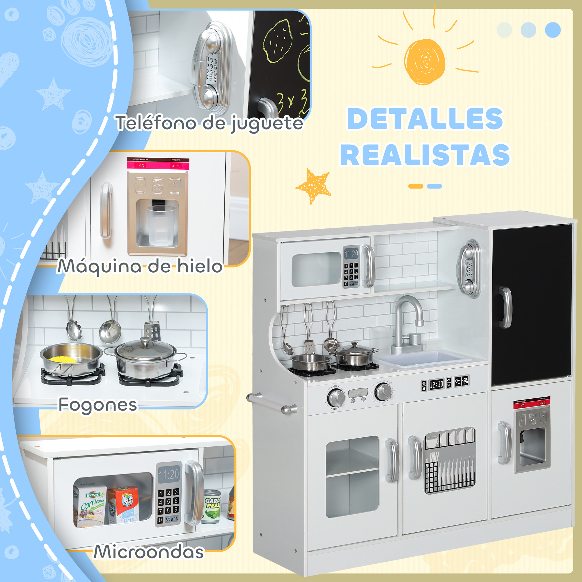 Cocina de Juguete Cocina para Niños de +3 Años Cocinita Infantil de Madera con Accesorios para Cocinar Pizarra Máquina de Hielo y Teléfono 83,8x26,8x81 cm Blanco