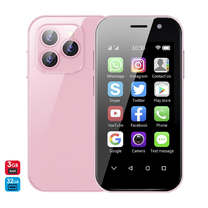 DAM Smartphone Mini 14 PRO 4G, Android 9.0, 3GB RAM + 32GB. Schermo da 3''. Doppia scheda SIM. 4,7x1,2x9,4 cm. Colore rosa