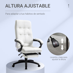 Vinsetto Silla de Oficina Ergonómica Silla de Escritorio Giratoria con Altura Ajustable Función de Inclinación Reposabrazos y Reposapiés Piel Sintética 65x65x118-125 cm Blanco