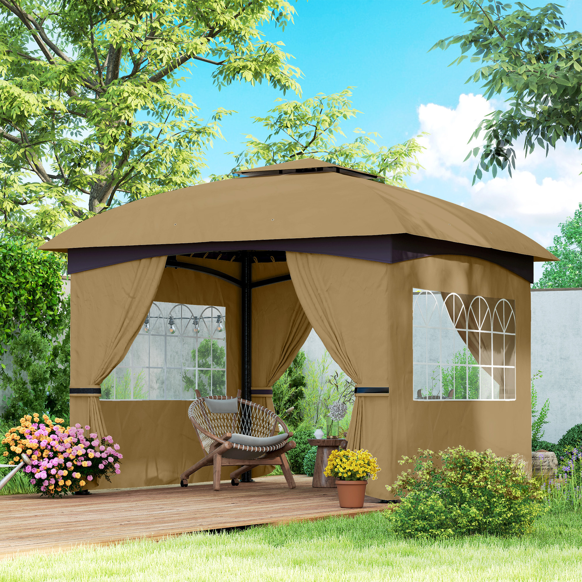 Cenador para Jardín 3,4x3,4 m Pérgola de Jardín Gazebo con Doble Techo Paredes Laterales Anti-UV y Ventanas Carpa para Exterior Terraza Patio Beige