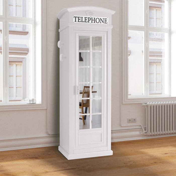 Armadio "cabina telefonica londinese" con 3 ripiani e anta a specchio, Made in Italy, Guardaroba per camera da letto, cm 68x55h215, colore Bianco