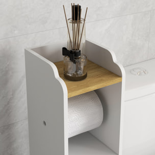 Armario de Baño Moderno Columna Auxiliar de Baño Mueble de Suelo de Baño con Estantes 1 Puerta y Portarrollos de Papel para Dormitorio Sala 18x20x90 cm Blanco y Roble