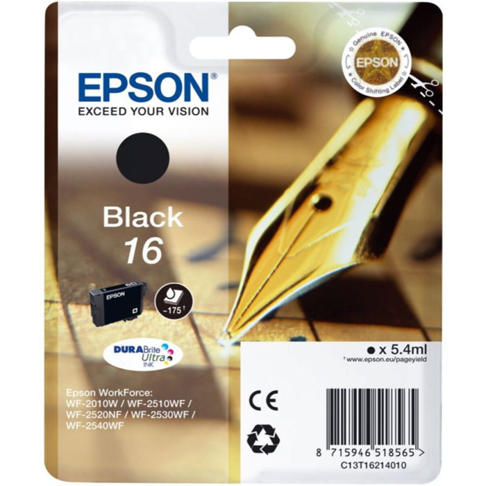 Cartouche d'encre EPSON Originale T1621 Noire Série Stylo Plume - C13T16214010