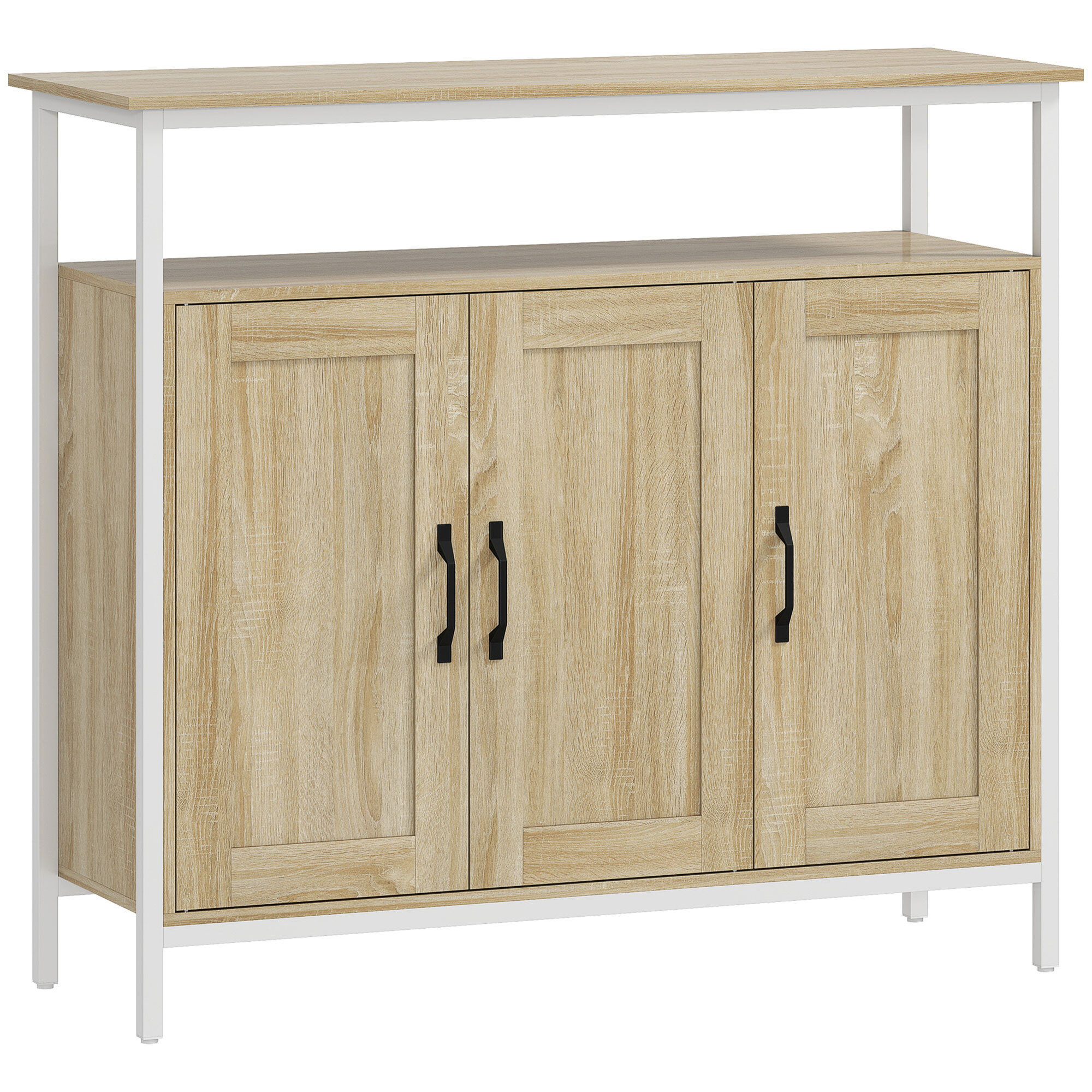 Buffet 3 portes 4 étagères grande niche dim. 100x35x88cm métal blanc effet chêne clair