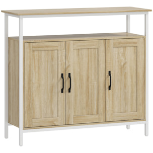 Buffet 3 portes 4 étagères grande niche dim. 100x35x88cm métal blanc effet chêne clair