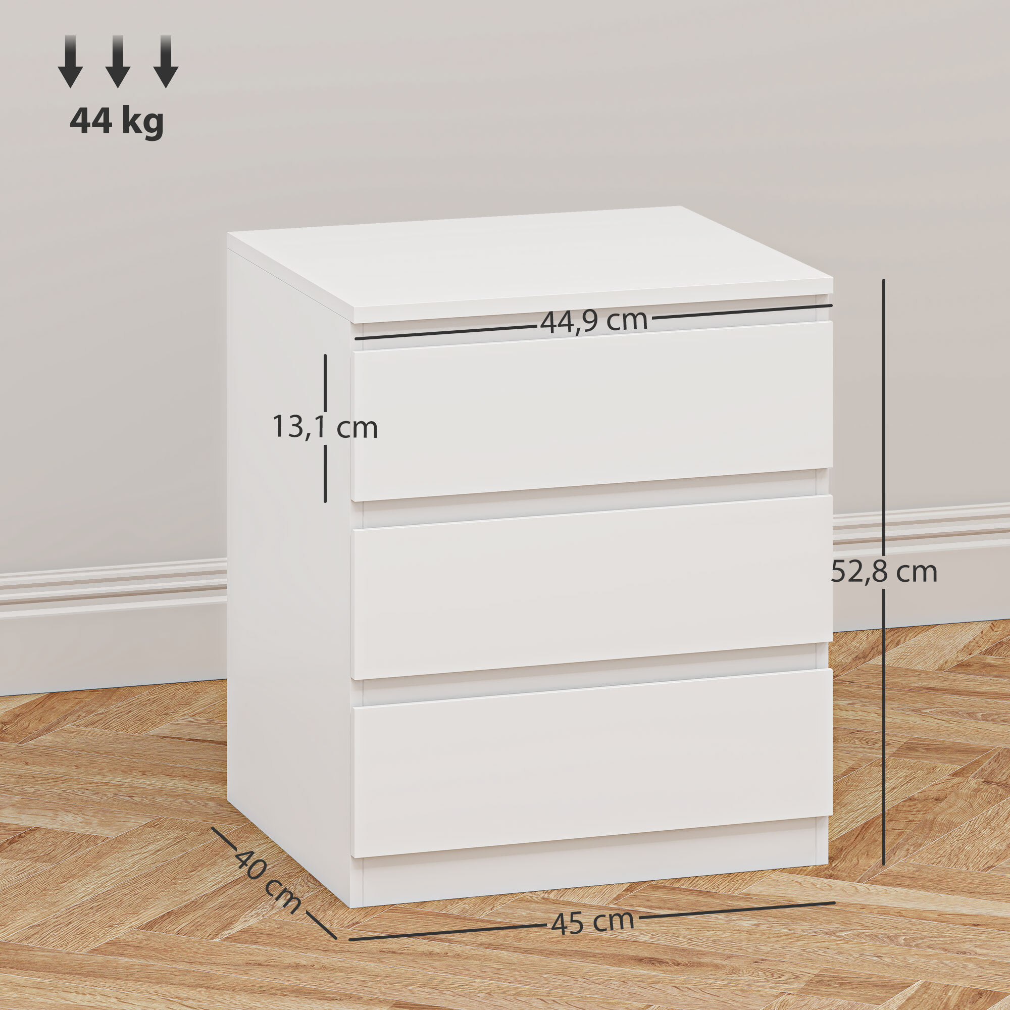 Cómoda 3 Cajones con Cierre Suave, Cómoda Dormitorio, Cajonera para Salón, Oficina, Estilo Moderno, 45x40x52,8 cm, Blanco