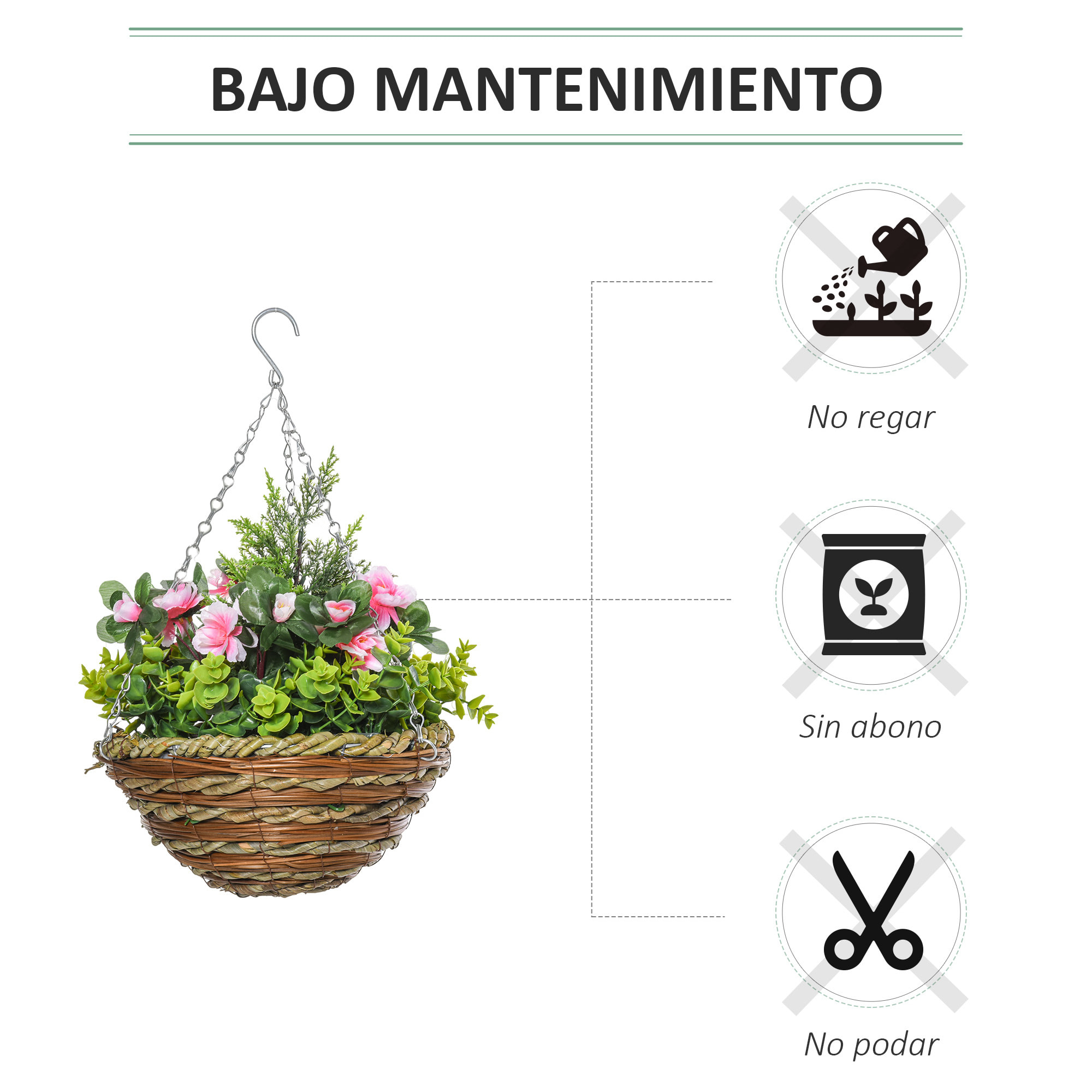 Juego de 2 Plantas Colgantes de Lisianthus Sintéticas para Interior y Exterior con Maceta de Mimbre y Cadenas Ø25x34 cm Rosa y Verde