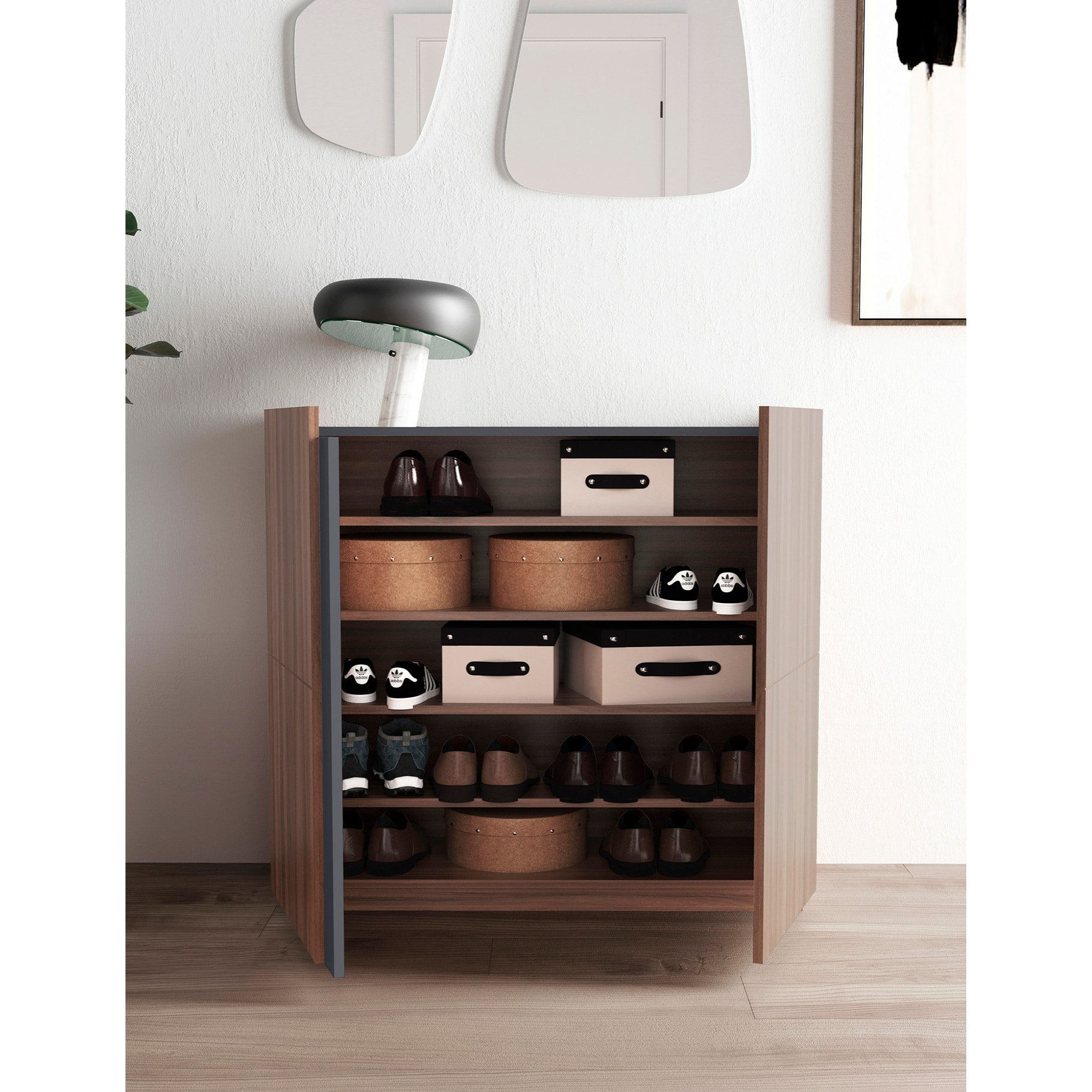 Zapatero Odda melamina nogal detalle grafito 90x95x35 cm