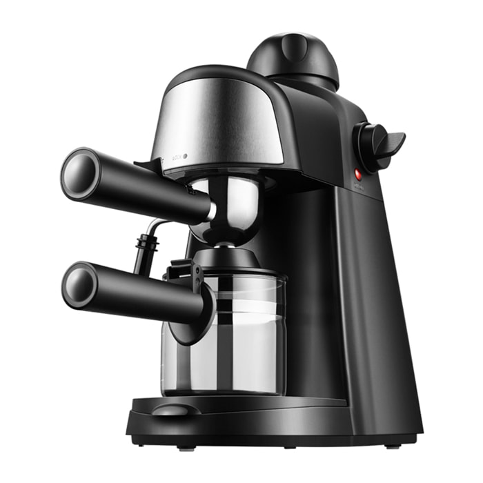Cafetera espresso de 800 W y 5 bar de presión con capacidad de 240 ml. Incluye jarra de cristal con marcas de medida y varilla de vapor.