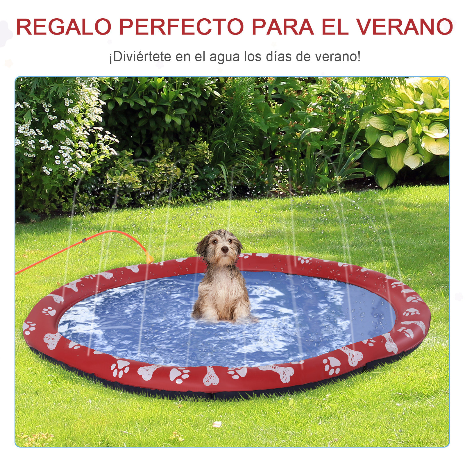 Splash Pad 150 cm Aspersor de Juegos de Agua con Rociador Tapete de Salpicaduras Piscina de Verano Portátil para Mascotas Perros Rojo