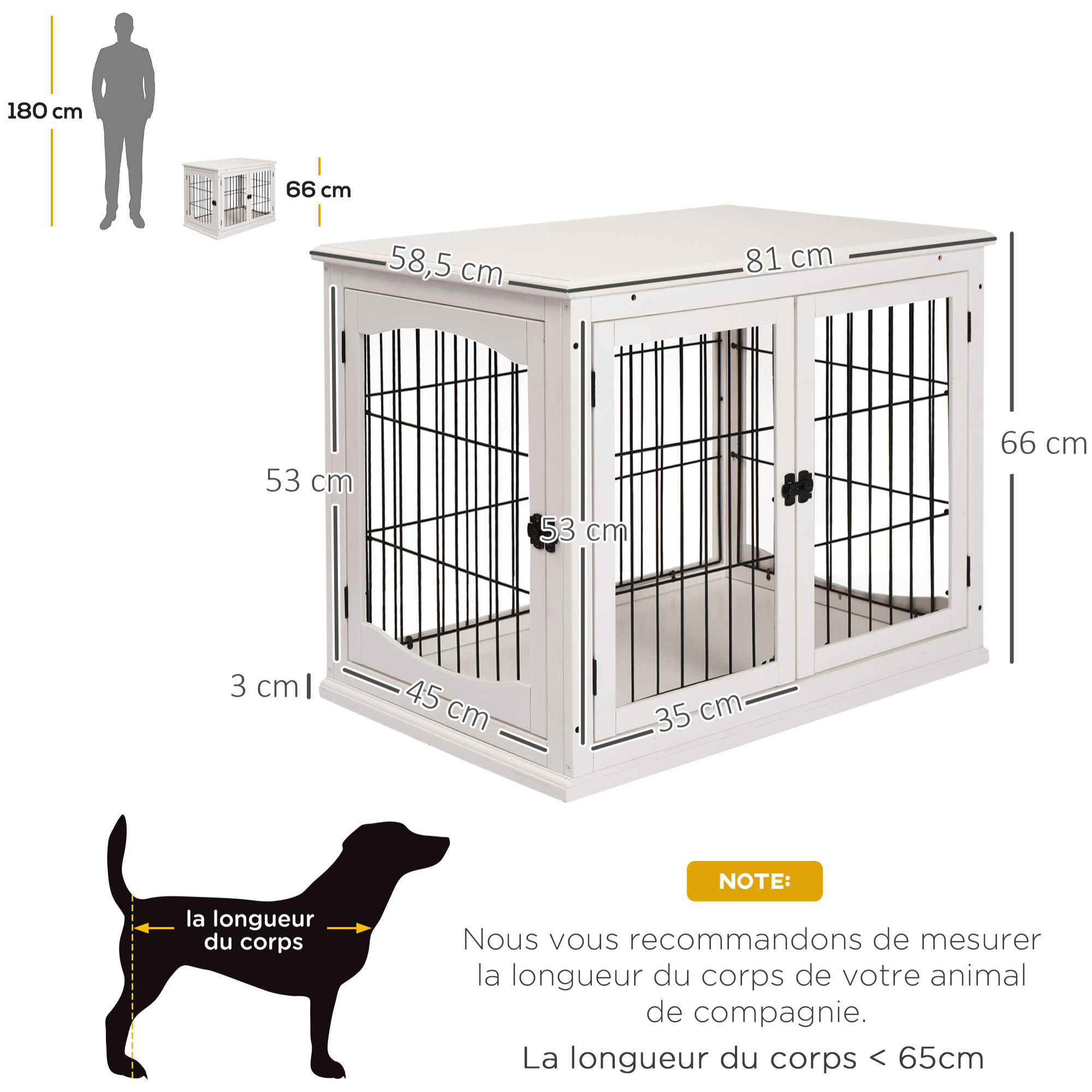 Cage pour chien animaux cage en bois MDF classe E1 3 portes verrouillables max. 30 Kg dim. 81L x 58l x 66H cm blanc noir