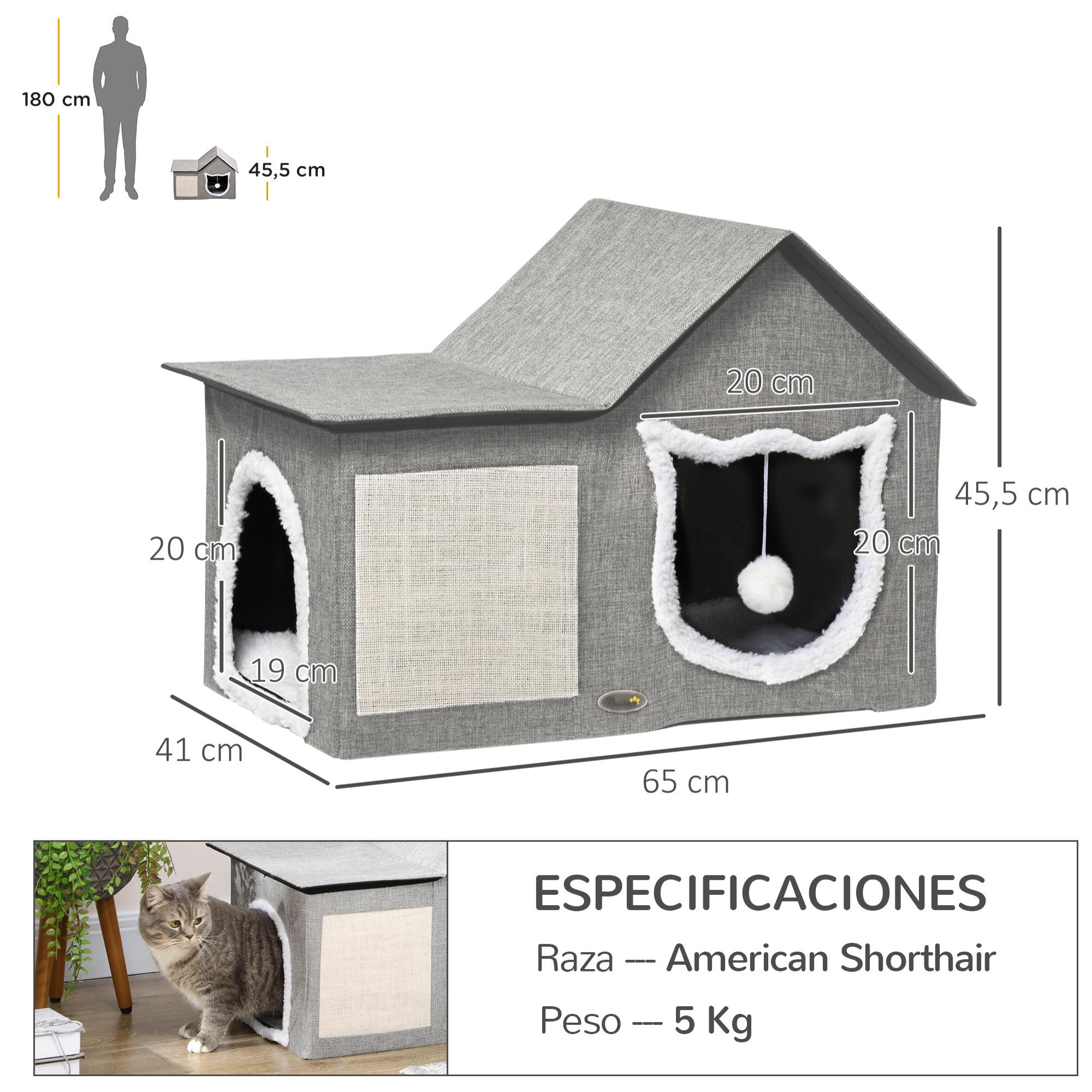 Caseta para Gatos Casa para Gatos Interior Cama Cueva para Gatos con Almohadilla para Rascar Cojín Suave y Bola Colgante 65x41x45,5 cm Gris