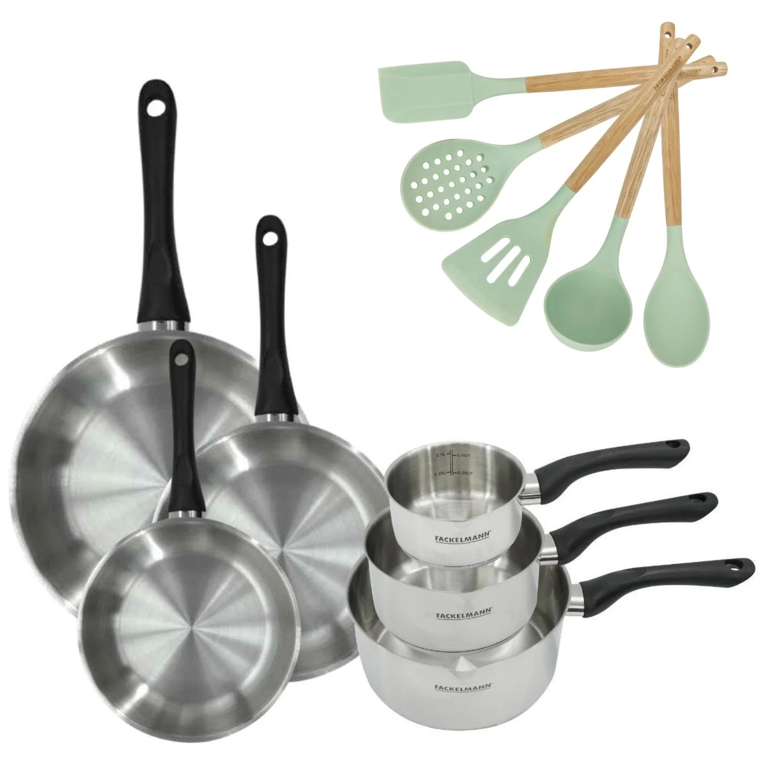 Batterie de cuisine avec 3 casseroles 12/16/20 cm et 3 poêles 20/24/28 cm avec 5 ustensiles de cuisine sans PFAS Fackelmann Généva Océan