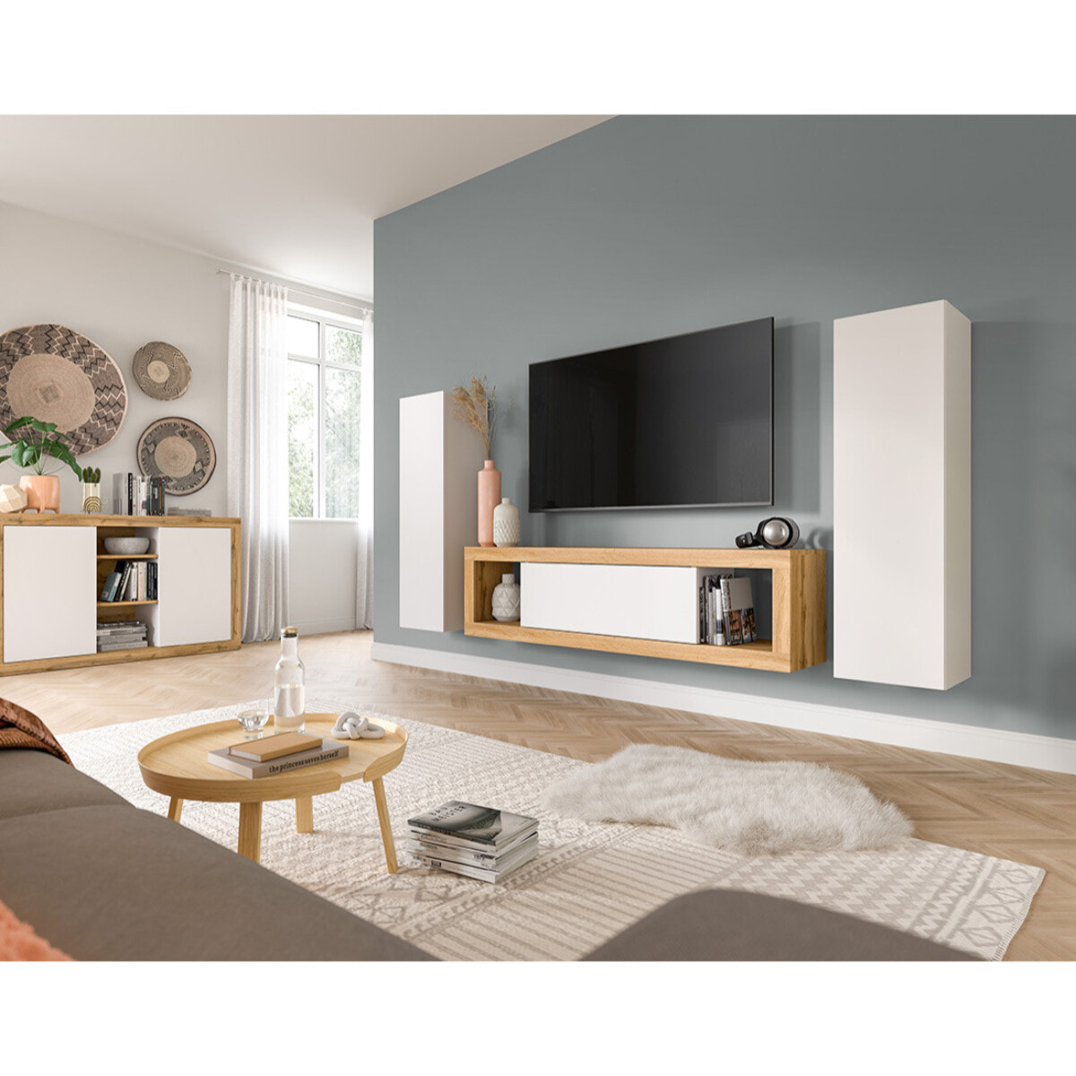 Ethan – meuble tv – 1 porte – bois et blanc - 150 cm - Bois / Blanc