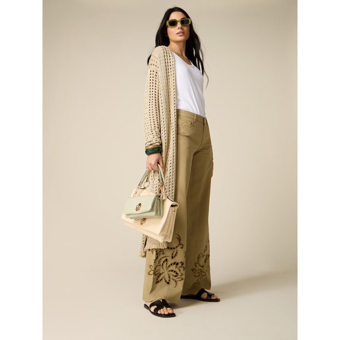 Oltre - Pantaloni palazzo con ricami see-through - Verde militare