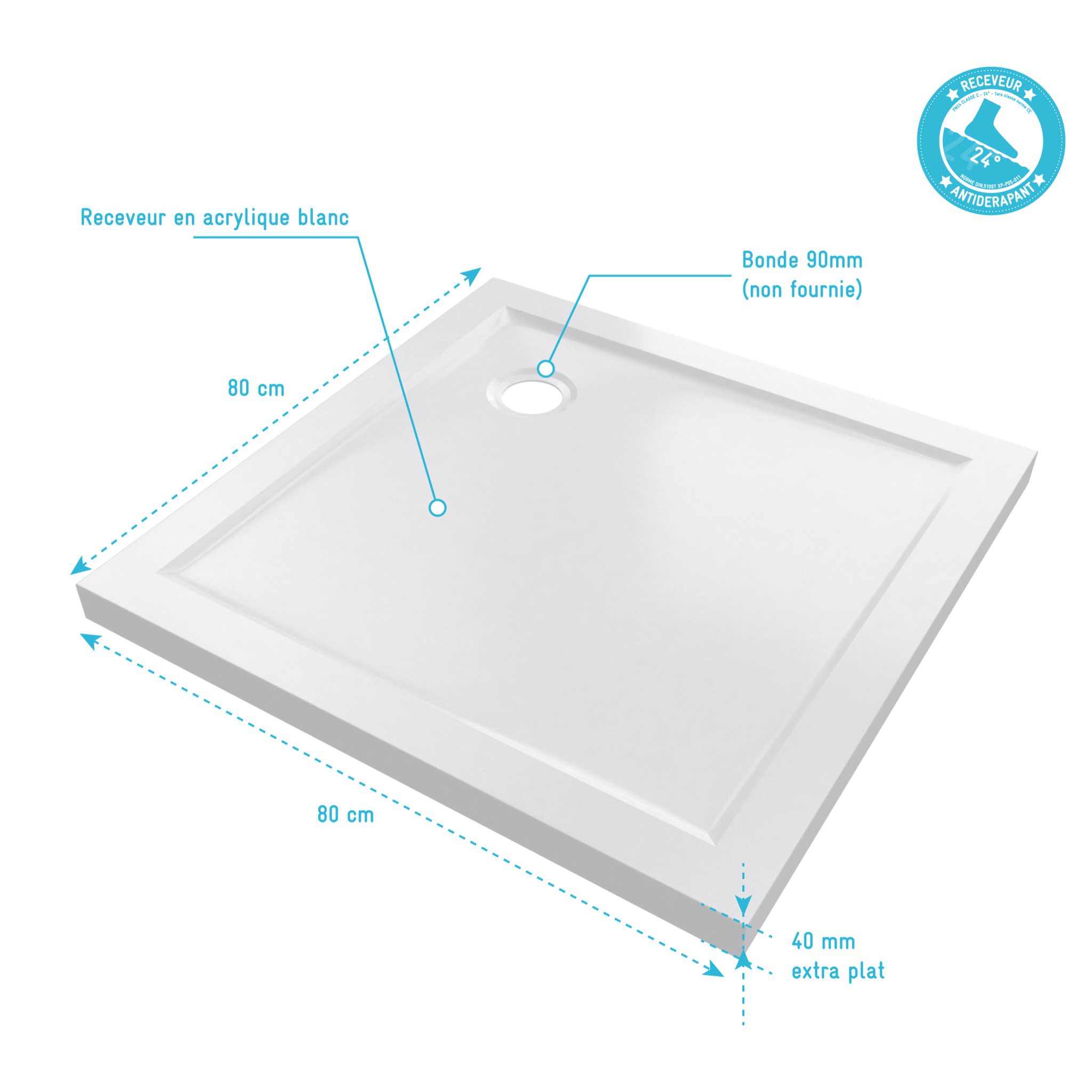 RECEVEUR DE DOUCHE A POSER EXTRA PLAT EN ACRYLIQUE BLANC CARRE 80x80 cm BAC DE DOUCHE