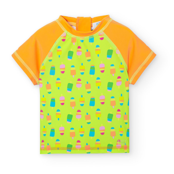 Camiseta bebÃ© niÃ±o, poliamida estampada, verde, mangas