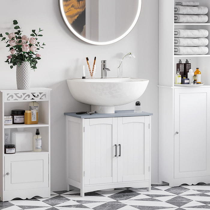 Meuble sous vasque sur pied 2 portes étagères dim. 60 x 33 x 76 cm blanc gris