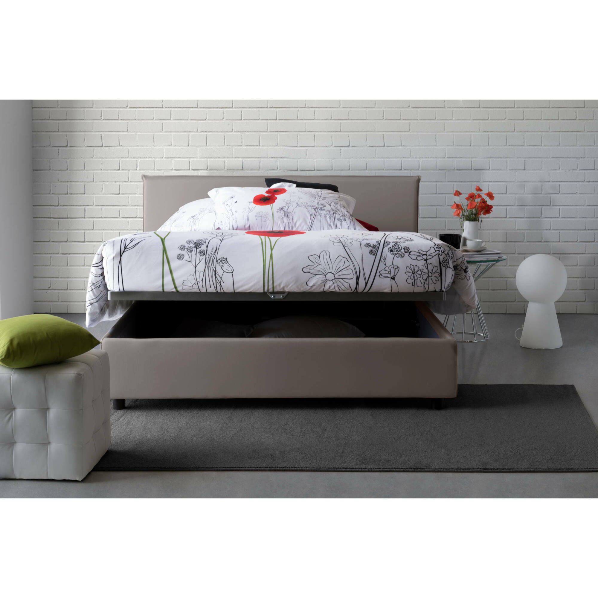 Letto matrimoniale Ariadni, Letto contenitore con rivestimento in tessuto, 100% Made in Italy, Apertura frontale, con materasso Cm 160x200 incluso, Tortora