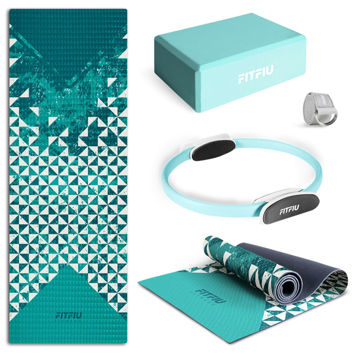 Pack accesorios yoga azul FITFIU con esterilla, bloque, aro, correa
