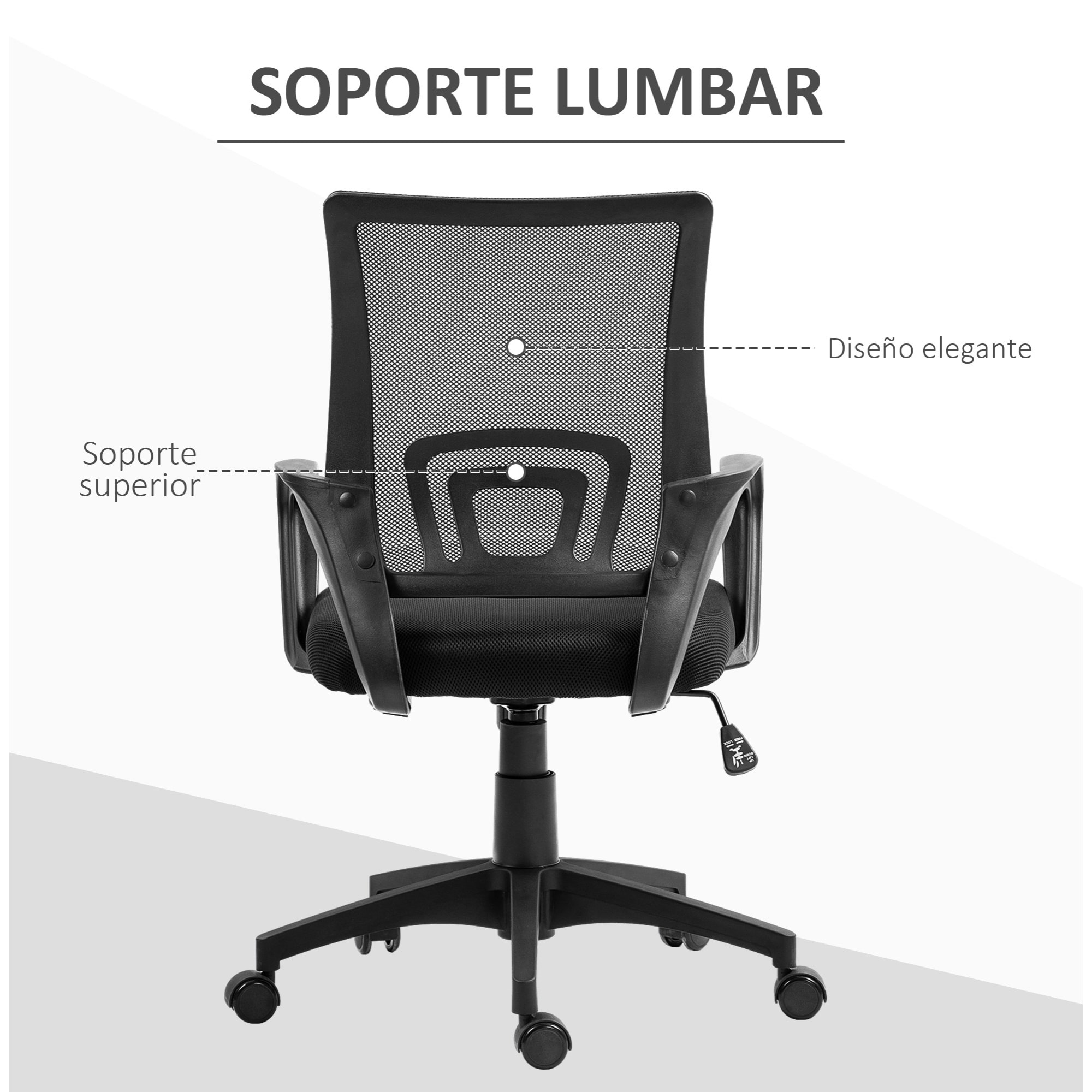 Silla de Oficina de Malla Silla de Escritorio Giratoria con Altura Ajustable Función de Basculante Soporte Lumbar y Reposabrazos Silla para Estudio Carga 120 kg Negro