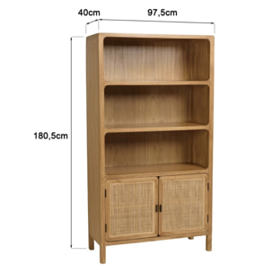 AMY - Bibliothèque 2 portes 3 étagères H180cm en bois de mindi et rotin
