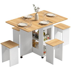 HOMCOM Conjunto Mesa y 4 Sillas de Comedor, Mesa de Comedor Plegable con Taburetes Ocultos, 2 Alas Abatibles, Ruedas, Estantes, Ahorro de Espacio, para 4-6 Personas, Roble