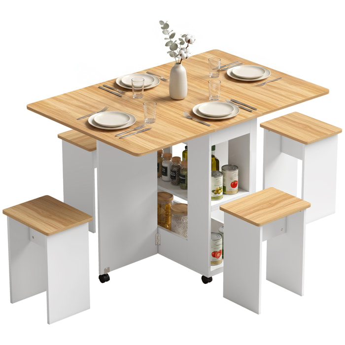 HOMCOM Conjunto Mesa y 4 Sillas de Comedor, Mesa de Comedor Plegable con Taburetes Ocultos, 2 Alas Abatibles, Ruedas, Estantes, Ahorro de Espacio, para 4-6 Personas, Roble