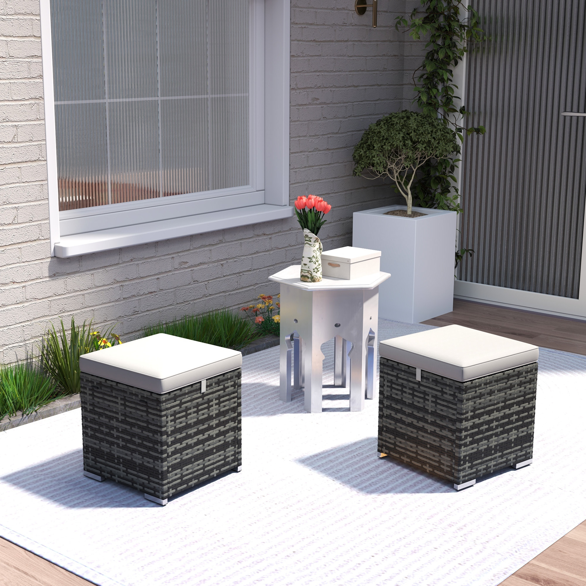 Lot de 2 poufs coffres de jardin - coussins zippés déhoussables - résine tressée aspect rotin gris