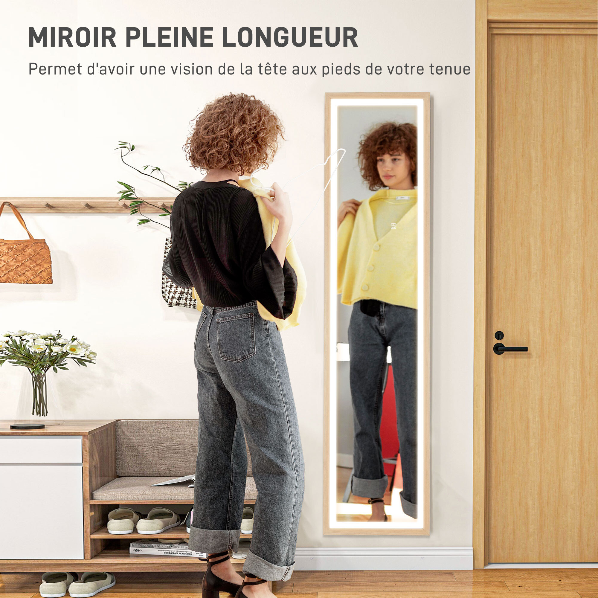 Grand miroir LED pleine longueur 40 x 160 cm autoportant ou à fixer - 3 couleurs luminosité réglable - effet bois