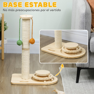 Poste Rascador para Gatos Altura 56,5 cm, Rascador para Gatos con 3 Bolas Colgantes, Juguete de Pelota de Pista y Poste de Sisal, Madera Natural