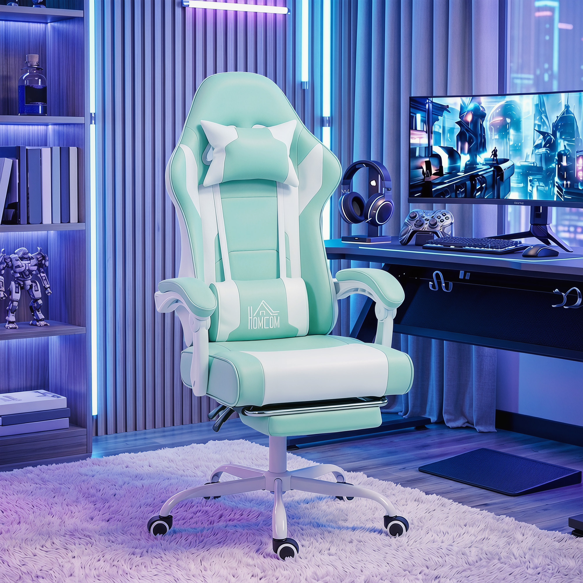 Silla Gaming Ergonómica, Silla Gamer con Lumbar Masaje Vibración, Reclinable 155°, Altura Ajustable, Reposacabezas y Reposapiés Retráctil, para Oficina, Estudio, Azul Claro