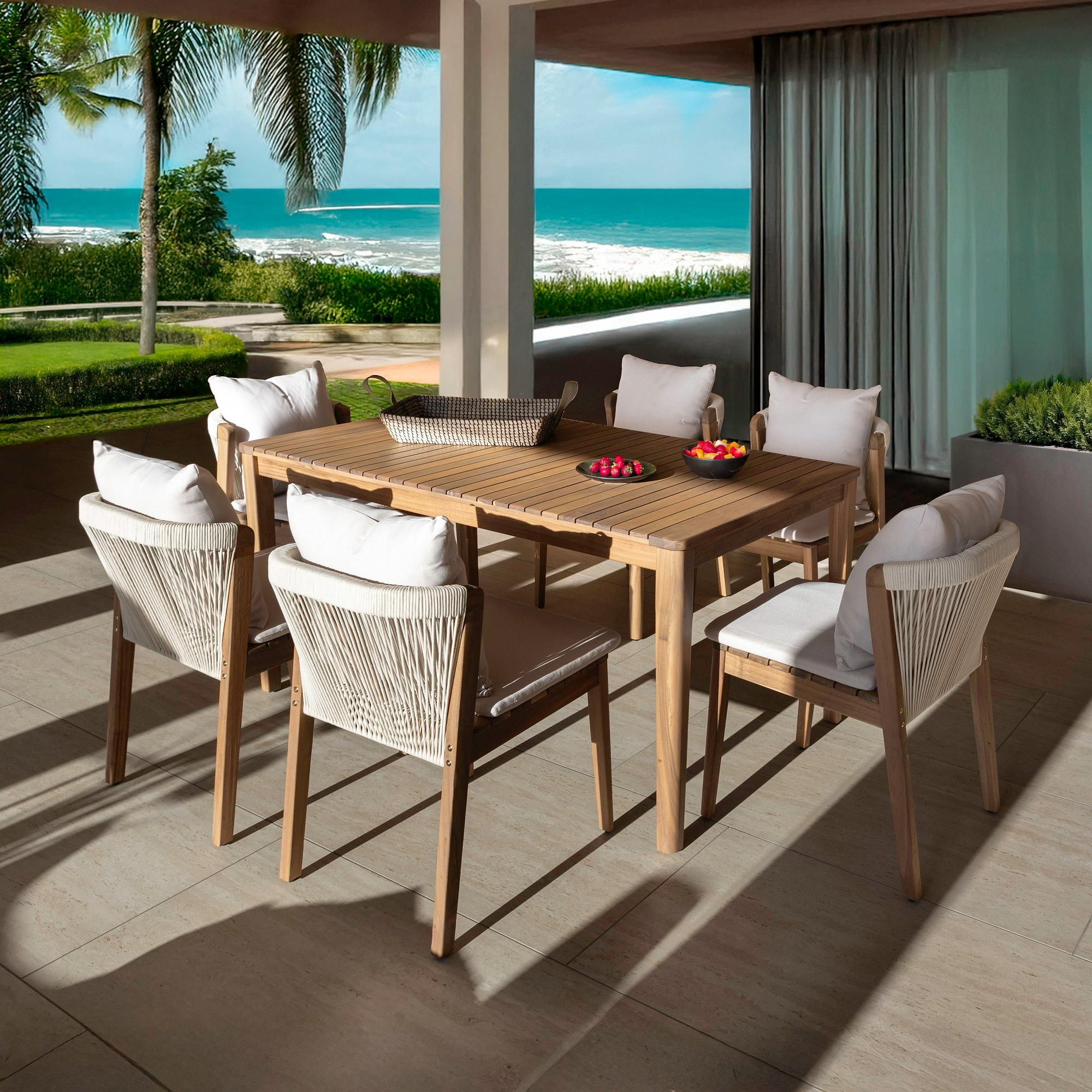 Ensemble de jardin table et 6 chaises en bois avec coussin FIDJI