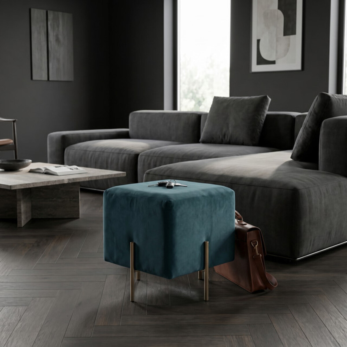 Pouf Quadrato in Velluto con Gambe in Acciaio Dorate, Seduta Imbottita Elegante dallo Stile Contemporaneo per Soggiorno, Camera da Letto e Ingresso