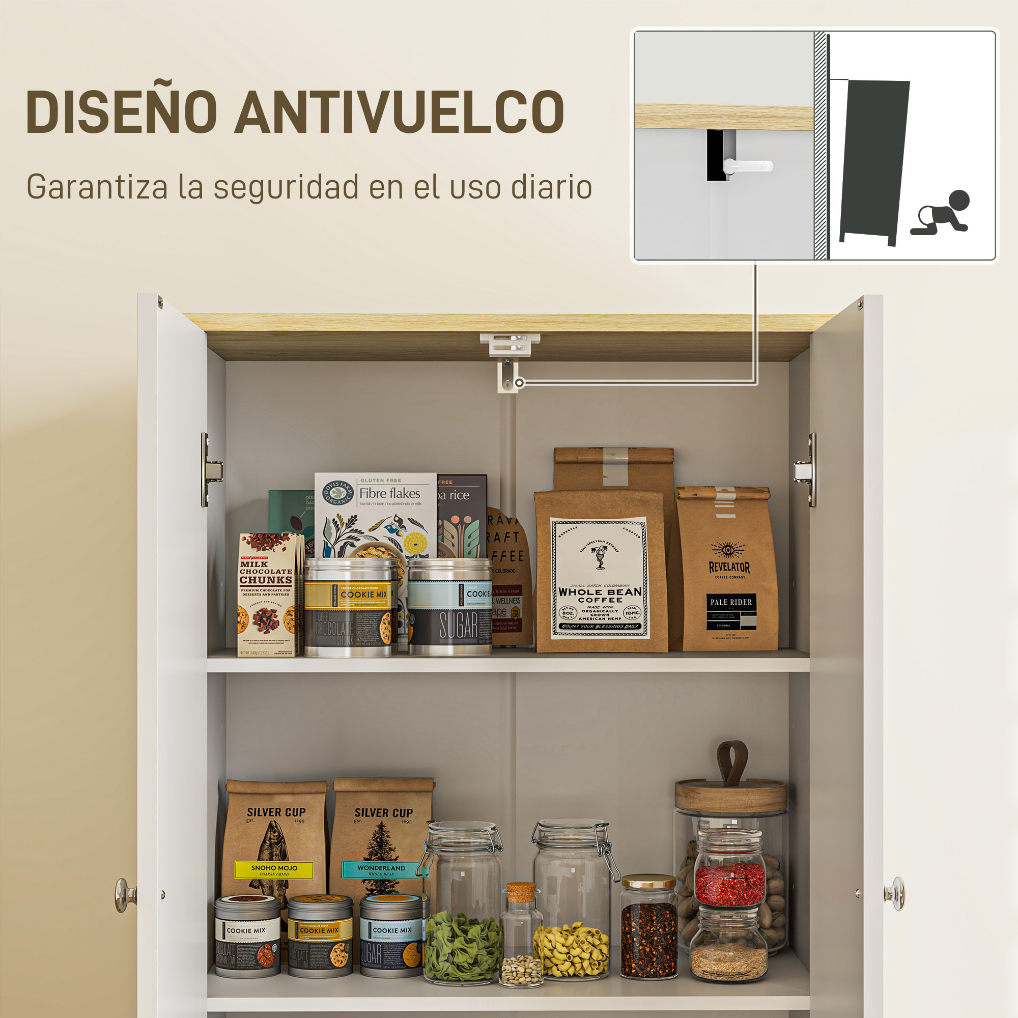 Alacena de Cocina Alta, Mueble Auxiliar de Cocina con 4 Puertas, Estantes Ajustables, para Comedor, Salón, Blanco, 60x30x183 cm