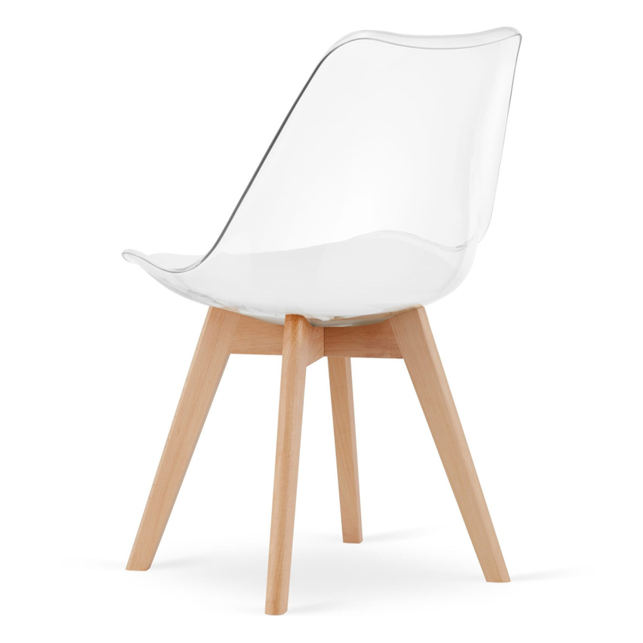 Sedia Mark trasparente con cuscino bianco e gambe in faggio