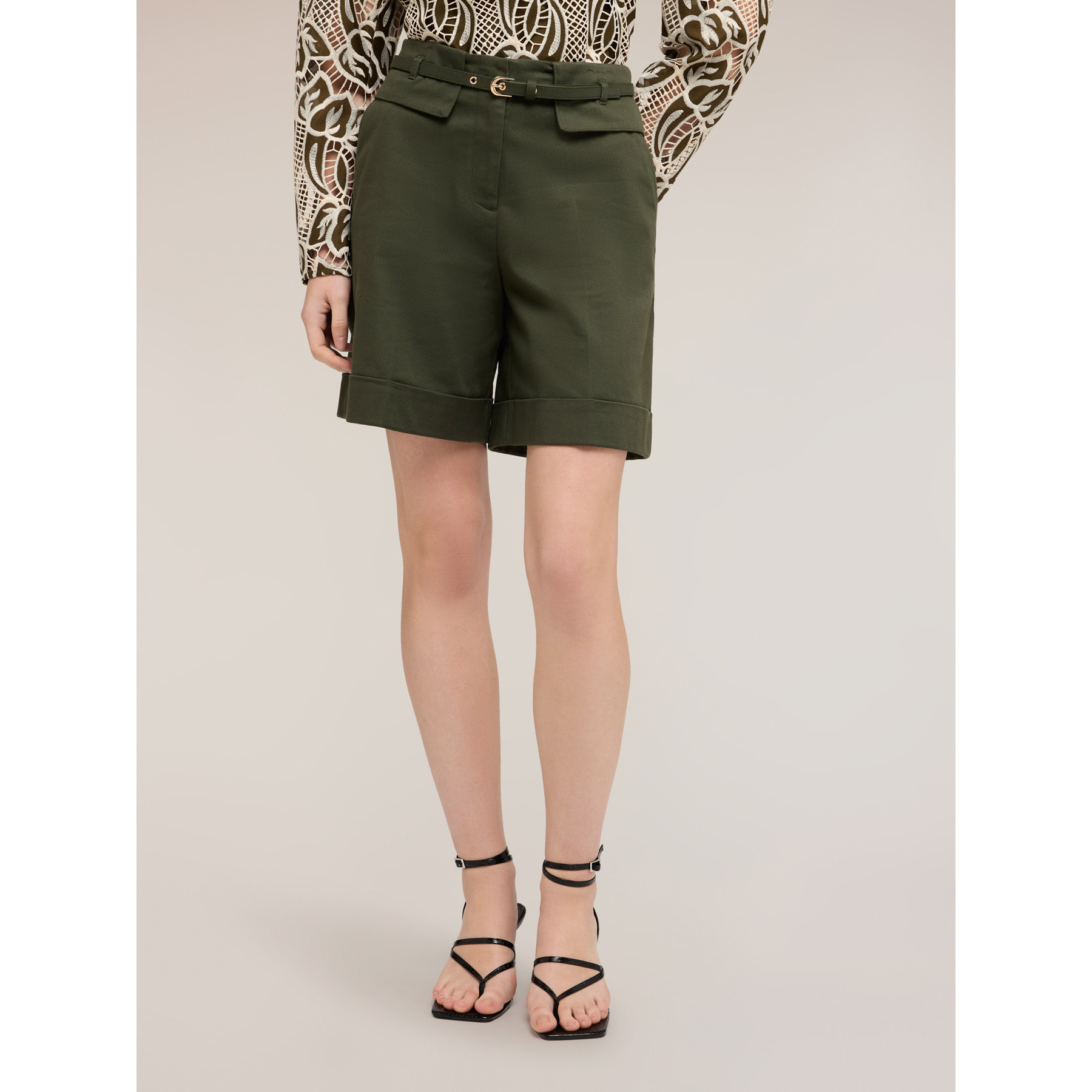 Motivi - Shorts de talle alto mezcla de algodón - Verde militare