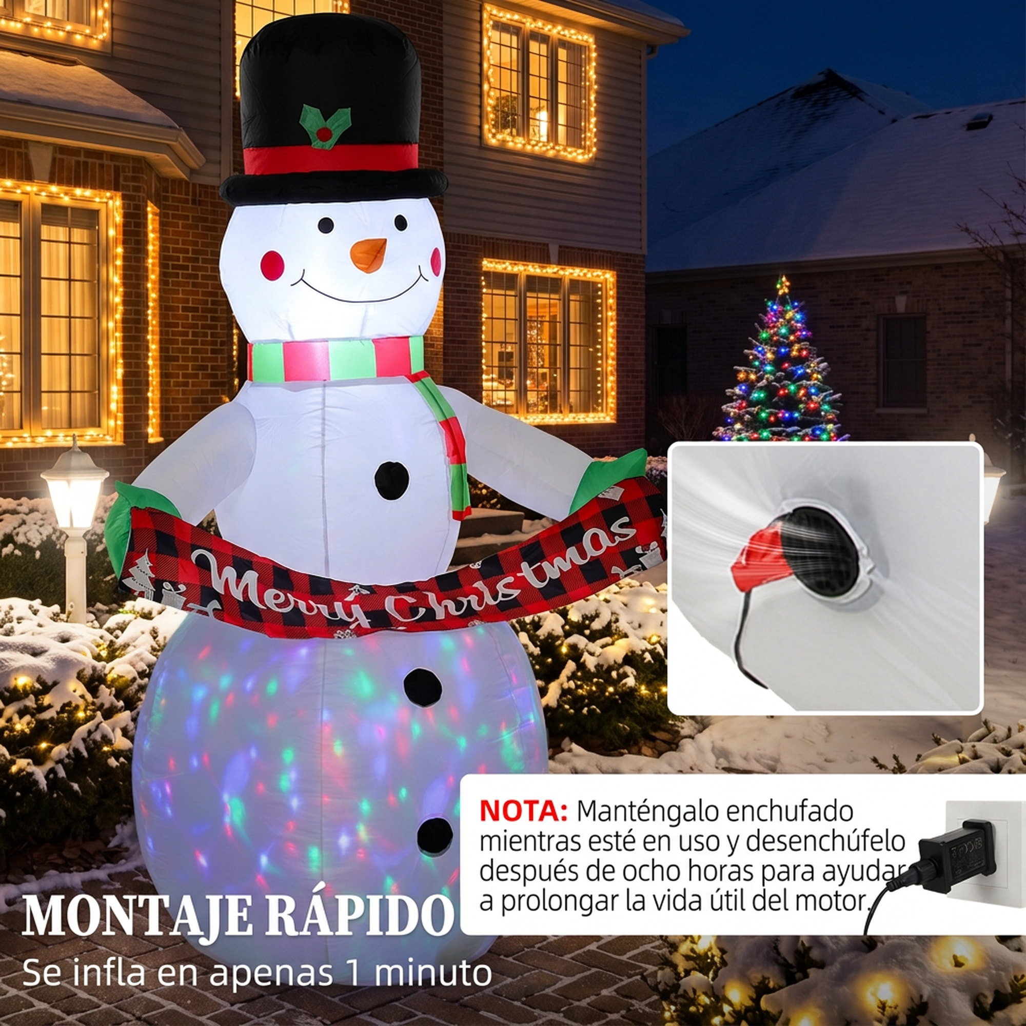 Outsunny Muñeco de Nieve Hinchable de Navidad 205 cm con Luces LED, Muñeco Inflable Navideño Exterior con Música, Decoración Navideña para Jardín, Patio, Terraza, Casa, Balcón